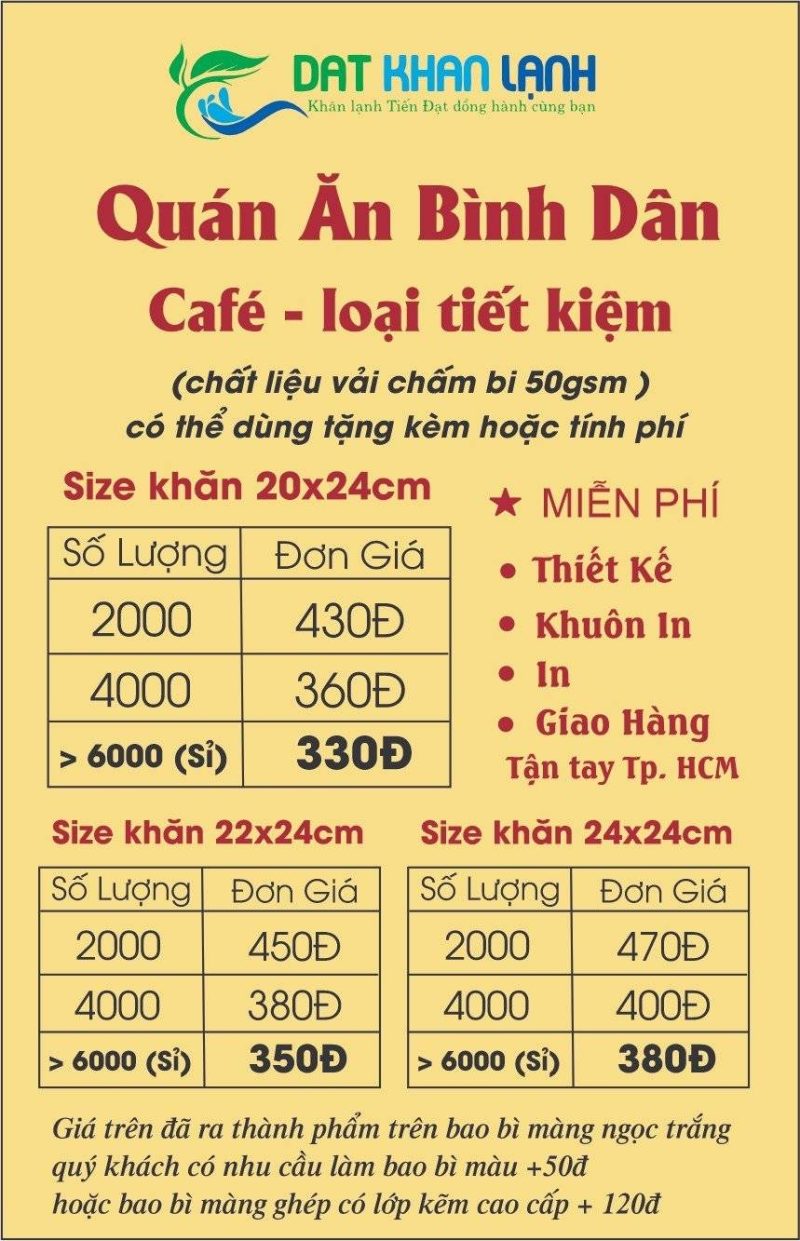 Bảng giá khăn lạnh loại tiết kiệm